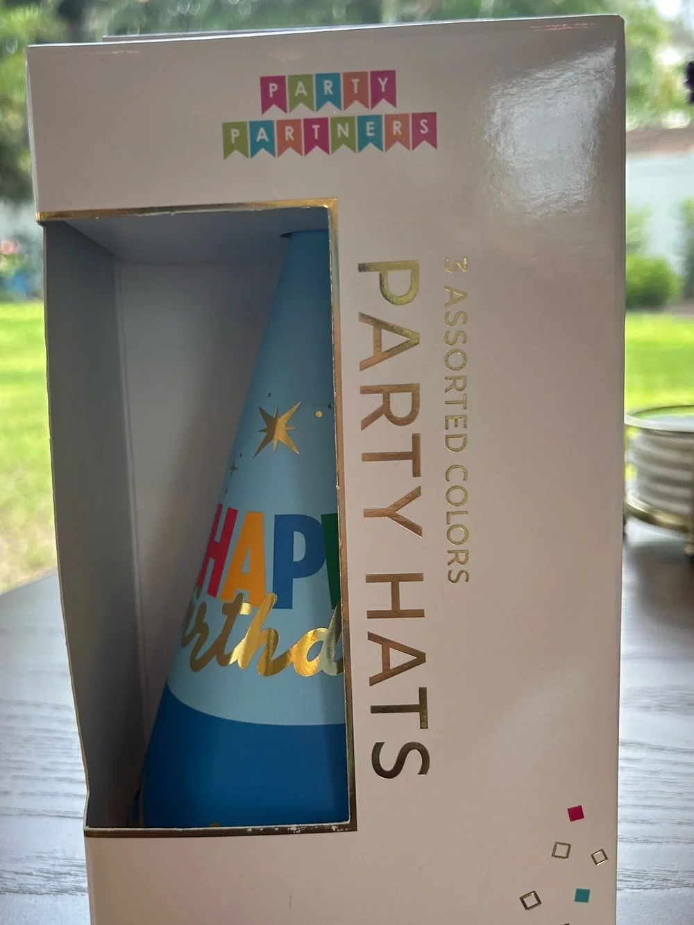 “New” Party Partners Birthday Party Hats with Gold Foil Accents (set of 6)